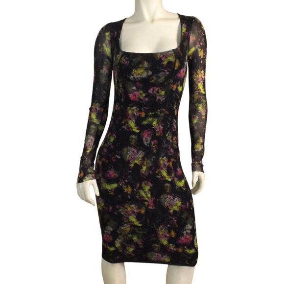 JEAN PAUL GAULTIER Soleil Dress, M, Mesh, Raw Cuffs, Black/Green/Pink Floral